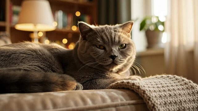 British shorthair cat relaxing on a cozy couch, purring contentedly in warm sunlight with peaceful atmosphere