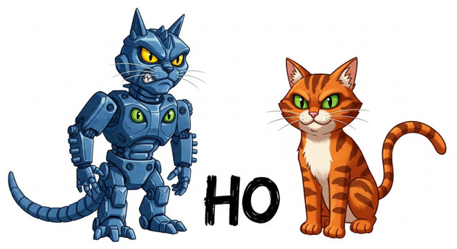 Robot cat and real orange tabby cat standing together with 'ho' text on white background