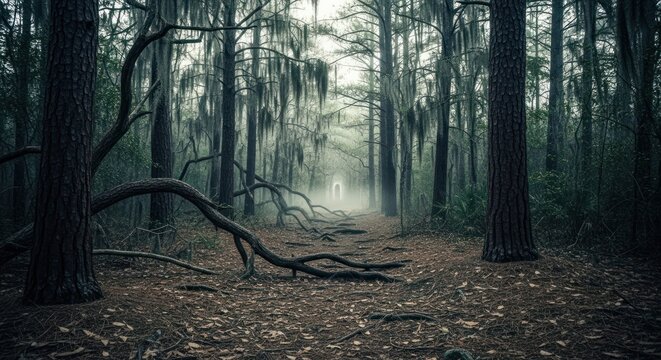 Mysterious forest path atmospheric scene with trees and fog in nature