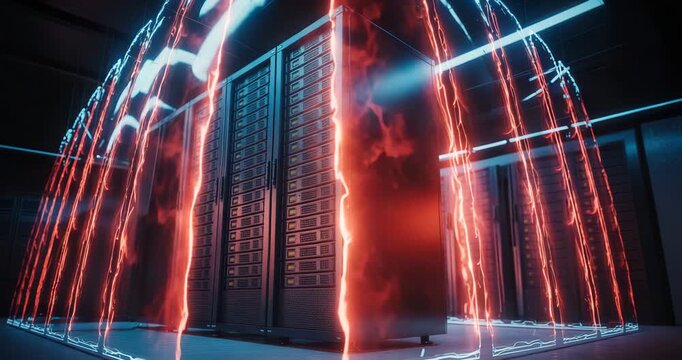 Dramatic server room with electrical surge and data center equipment