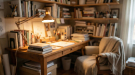 Blurred Background of a Cozy Home Office - Workspace Material Ideal for Remote Work and Education