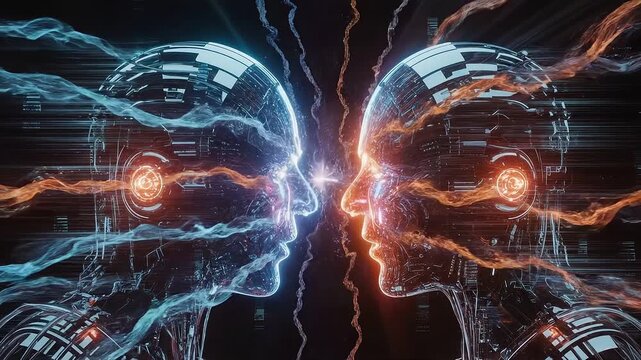 Digital Minds Merge: A captivating, futuristic vision of two cybernetic forms engaged in a profound exchange of consciousness and energy, with an interplay of light and technology.