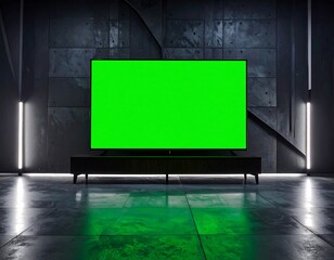 Modern TV with green screen on a dark, industrial background
