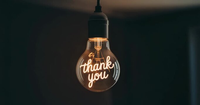 Glowing light bulb with thank you message in elegant script