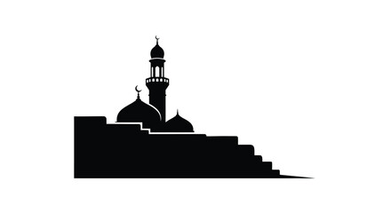 Mosque Silhouette with Minaret and Dome against White Background