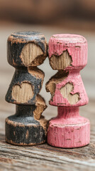 Two worn wooden chess pawns painted black and pink with large areas of chipped paint revealing natural wood texture standing closely on weathered wooden surface