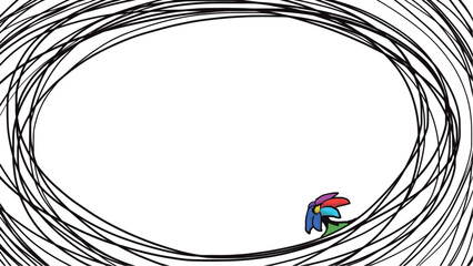 A flower grows on the edge of a striped round frame or window.