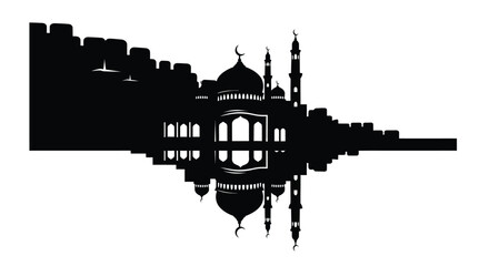 Mosque Silhouette with Dome and Minarets Reflected in Water, Islamic Architecture