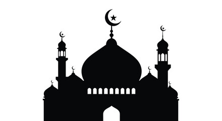 Mosque Silhouette with Crescent Moon Symbol on White Background