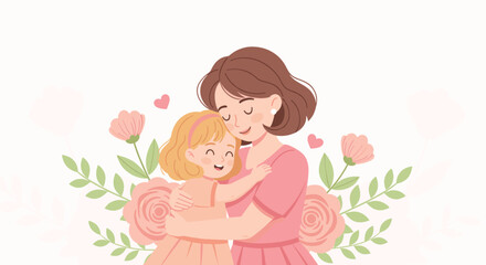 Happy mother's day concept: a loving mother and daughter hugging, illustrated in a sweet pastel pink style.