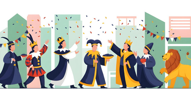 Vibrant Carnival Parade Featuring Royal Figures and Confetti in a Stylized Cityscape Celebration