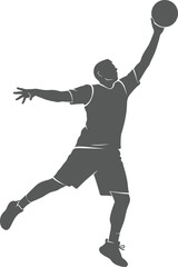Silhouette of a basketball player jumping high to make a slam dunk against a white background. © Rakib
