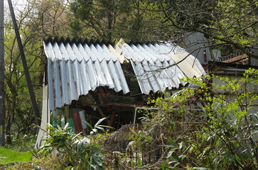 崩れかけたトタン屋根と廃屋