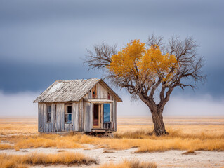 Weathered wooden shack with open door standing on dry grassland next to a tall autumn tree with bright yellow leaves under overcast sky in vast open plain