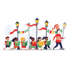 Fototapeta premium Diverse group of joyful children reading books while participating in a festive educational parade led by a storyteller