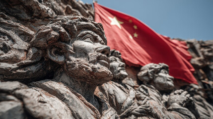 Close-up of weathered stone sculpture of multiple deined faces with flowing hair and a large red flag with yellow stars in the background under clear blue sky outdoors