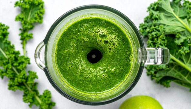 Aerial view of a blender filled with green kale smoothie surrounded by kale leaves and a lime on a white surface