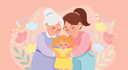 Loving mother's day vector illustration of three generations hugging amid soft pastel flowers.