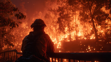 Firefighter in protective gear standing near railing observing intense forest fire with flames engulfing trees in dark smoky night environment with glowing embers and ash flying