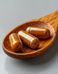 Three gelatin capsules on a wooden spoon against a grey backdrop