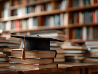 Graduation cap sitting on top of a stack of hardcover books on a wooden table inside a library with blurred bookshelves in the background