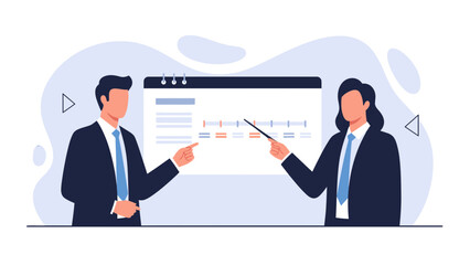 Business Meeting: Two professionals presenting a project timeline on a whiteboard.