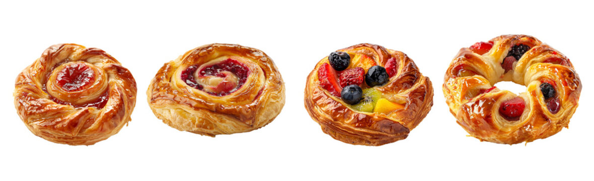 Freshly baked fruit danish pastries. Isolated set of four golden flaky puff pastries with various berry and fruit fillings on a light gray background, high-quality bakery product for culinary and food