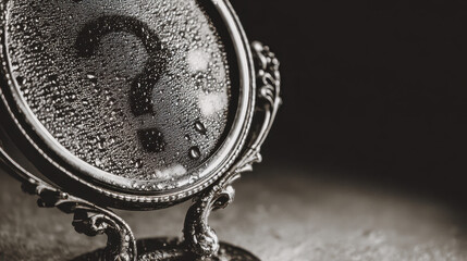 Antique silver ornate tabletop mirror with condensation droplets on the glass surface forming a question mark symbol suggesting mystery or introspection concept