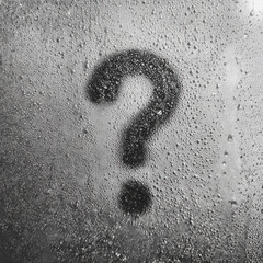 Question mark symbol drawn on wet glass surface covered with water droplets closeup in black and white moody style concept of curiosity and doubt expression