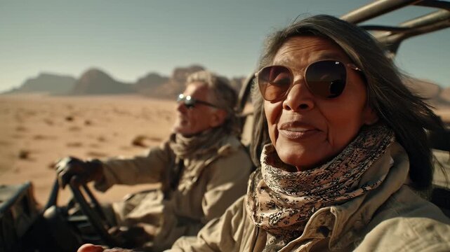 Smiling senior couple enjoying desert adventure. Happy travelers ride buggy through dunes. Mature woman and man exploring. UGC content, travel vlog. Authentic lifestyle moment.