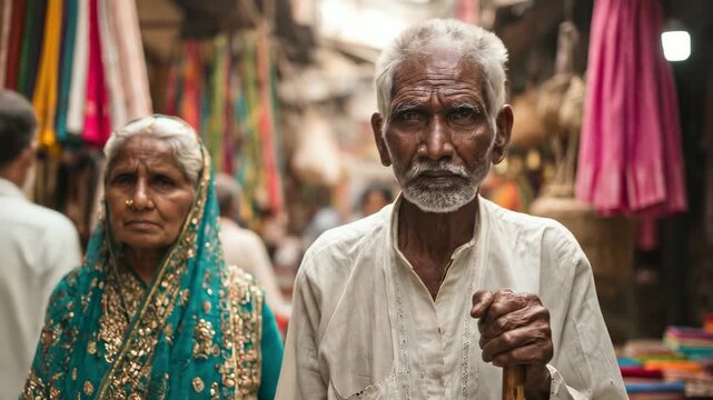 Portrait of elderly Indian couple at market. Mature man with walking stick, weathered face. Traditional clothing, vibrant colors. Authentic lifestyle, poverty, age. Respect, culture, South Asia.