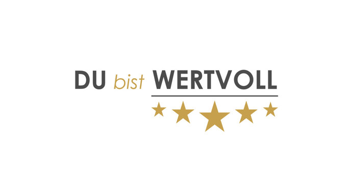 Du bist wertvoll, deutscher Text, Design mit 5 Sternen f&uuml;r Aufdruck auf Gru&szlig;karten und Produkte, Auszeichnung f&uuml;r Mitarbeiter und Helfer, Vektor Illustration