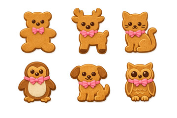 Gingerbread animal cookies with pink bows featuring bear, reindeer, cat, penguin, dog, and owl shapes