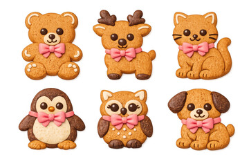 Gingerbread animal cookies with pink bows, creating cute festive holiday treats, transparent background