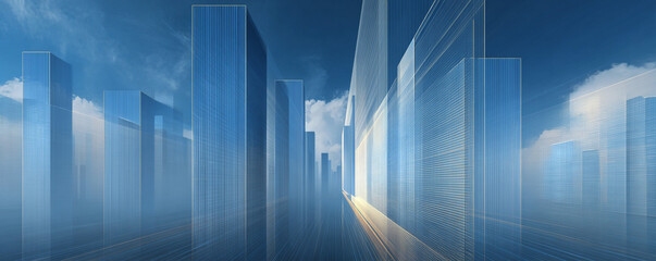 Obraz premium Geometric abstract skyline of vertical mega towers and layered floating air lanes 32k