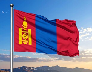 Mongolian flag waving in the wind against a blue sky, mountains