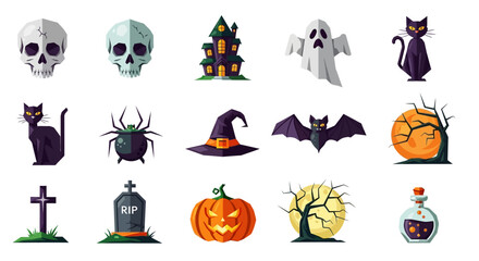 Halloween Icons Featuring Skulls and Pumpkins.