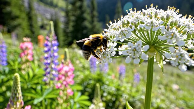 Bumblebee hovering over a white flower in a colorful wildflower meadow on a sunny summer day