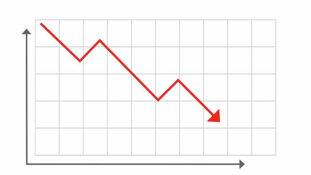 Financial line graph with a falling red arrow on a white grid background representing market crash and economic decline