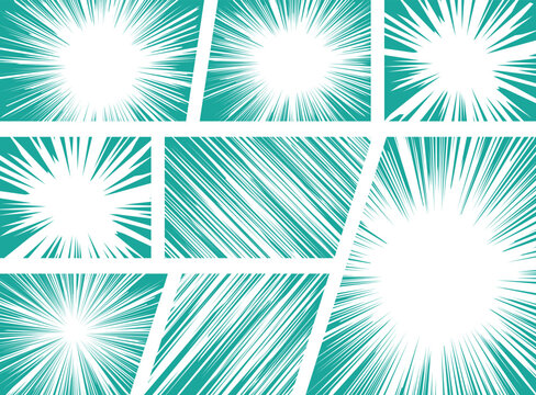 Teal comic book panels with dynamic speed line backgrounds, creating a sense of energy and motion.