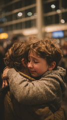 Young boy crying while hugging an adult tightly in a crowded indoor space with blurred lights and windows in the background emotional farewell or reunion moment