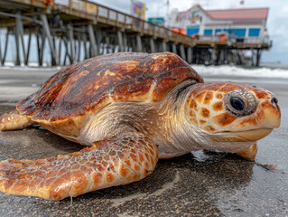 Sea turtle resting on wet sandy beach near wooden pier sunny day close up detailed shell and skin texture ocean wildlife reptile marine animal nature
