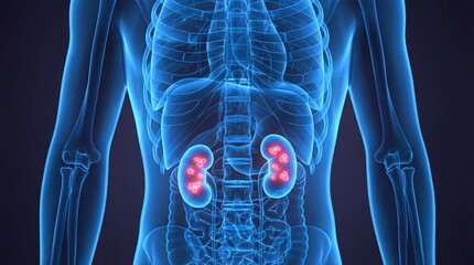 Human kidney stones visualized in blue x-ray anatomy. Medical concept of urology disease, healthcare, and human body scan for diagnostic.