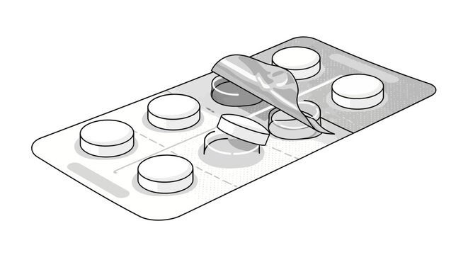 Pills being dispensed from a blister pack viewed from above in a detailed illustration