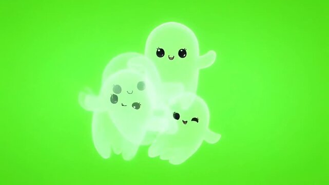 Animation white ghost cute on green screen.	
