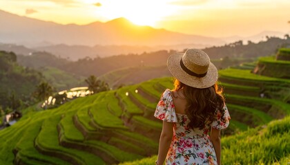 Woman with a straw hat gazing at sunset over lush green rice terraces