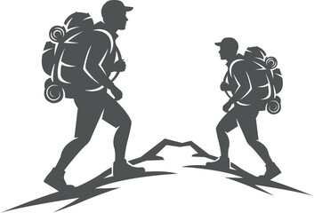 Fototapeta premium Two hikers with backpacks silhouetted against a stark landscape, symbolizing adventure and exploration on a mountaintop.