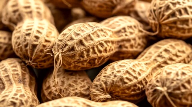 Close-up of raw, unpeeled peanuts scattered on a surface, showcasing their textured shells in a natural setting