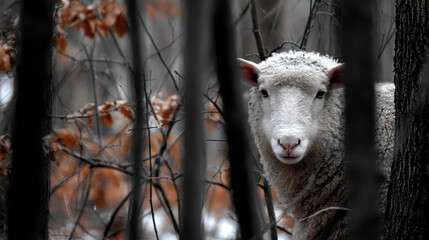 White sheep standing in dense forest with blurred dead orange leaves background during late autumn or early winter season natural outdoor environment calm mood