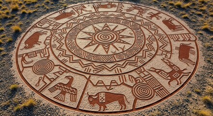 Fototapeta premium Circular earthwork carving depicting symbols and patterns in the desert